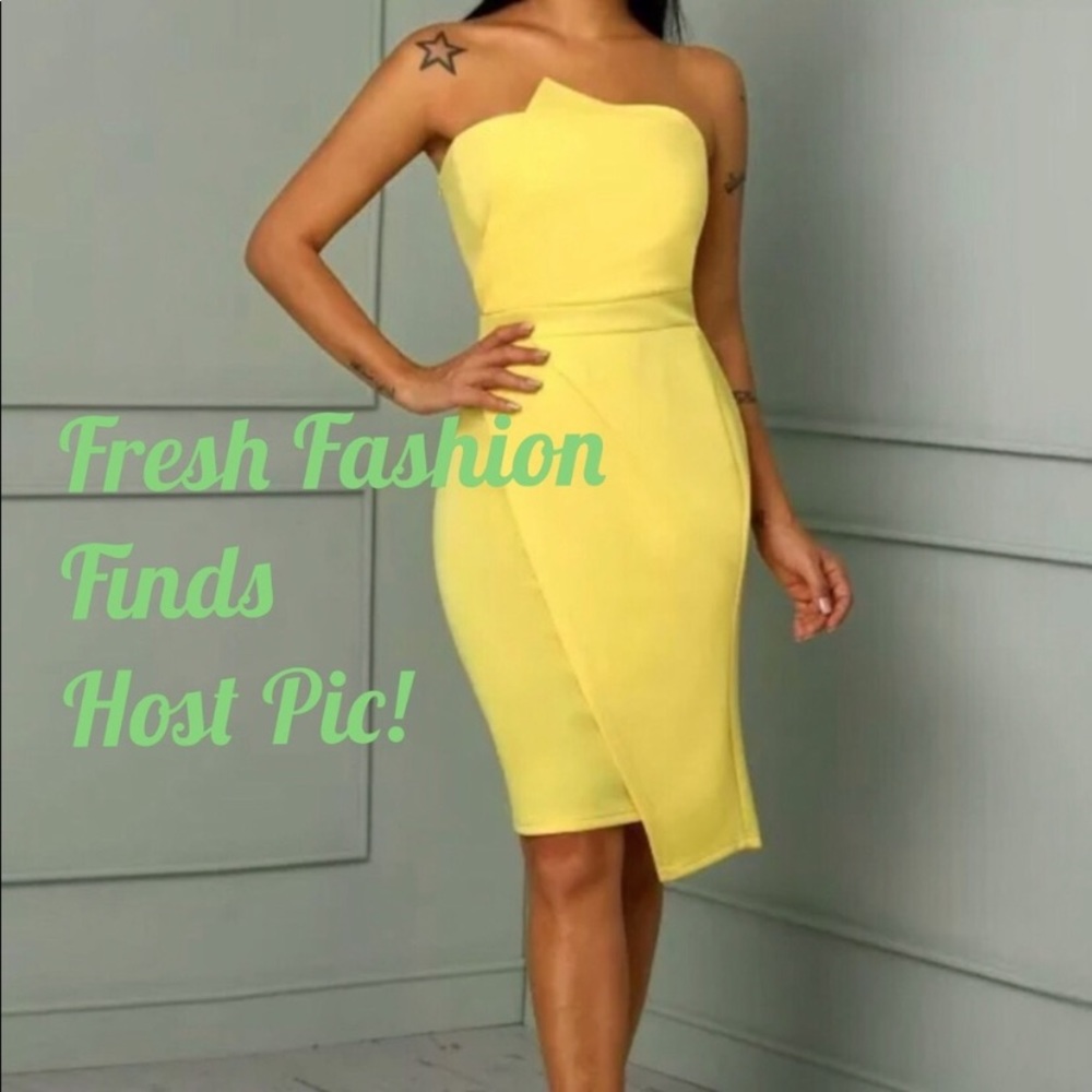 Yellow strapless, Asymmetrical Dress.